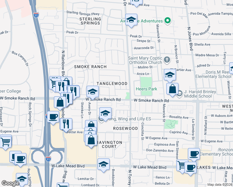 map of restaurants, bars, coffee shops, grocery stores, and more near 6452 Peartree Road in Las Vegas