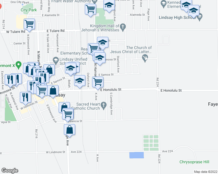 map of restaurants, bars, coffee shops, grocery stores, and more near 881 East Honolulu Street in Lindsay