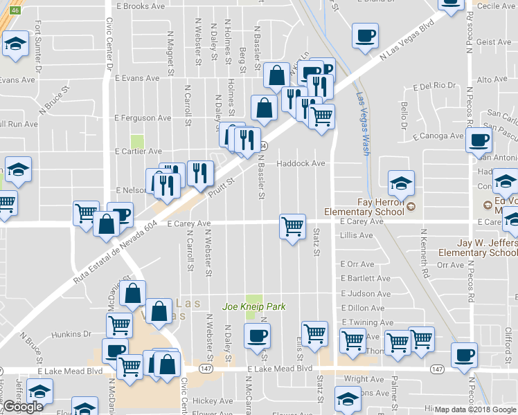 map of restaurants, bars, coffee shops, grocery stores, and more near 2419A Bassler Street in North Las Vegas