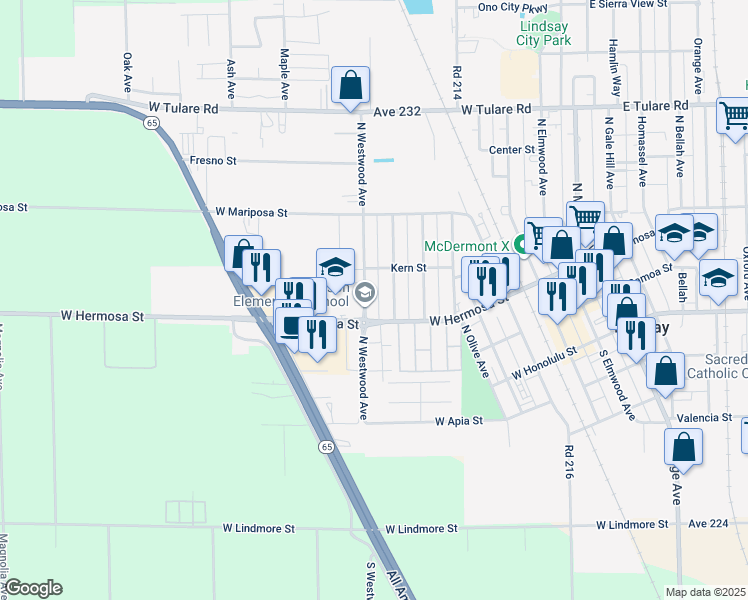 map of restaurants, bars, coffee shops, grocery stores, and more near 336 North Westwood Avenue in Lindsay