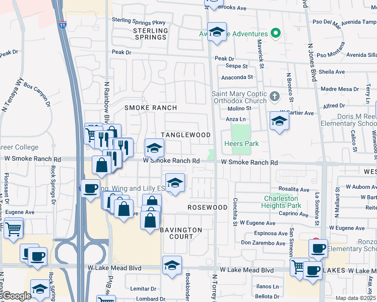 map of restaurants, bars, coffee shops, grocery stores, and more near 2413 Olivewood Street in Las Vegas