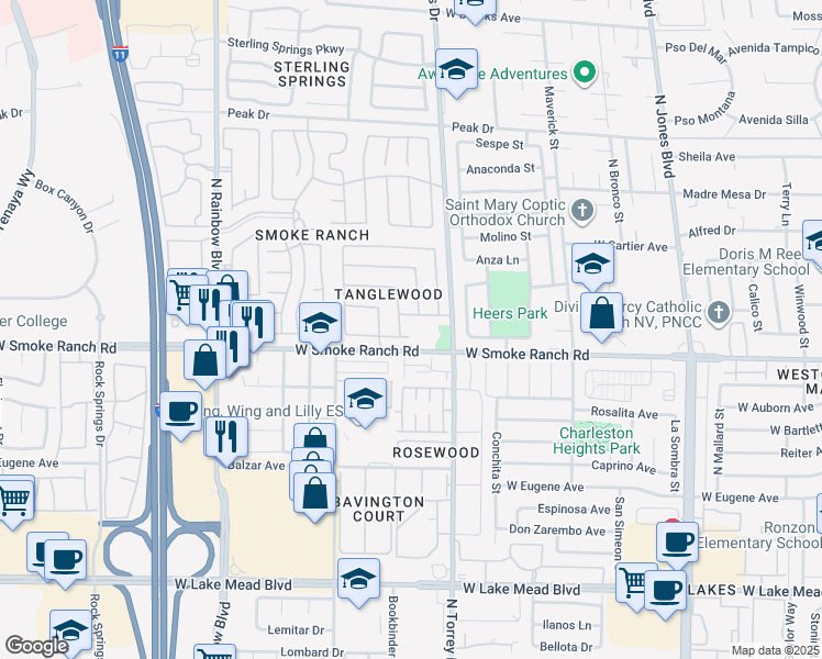 map of restaurants, bars, coffee shops, grocery stores, and more near 6444 Peartree Road in Las Vegas