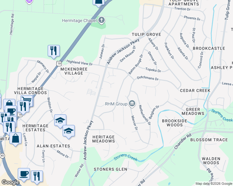 map of restaurants, bars, coffee shops, grocery stores, and more near 4356 Baton Rouge Drive in Nashville