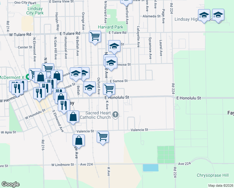 map of restaurants, bars, coffee shops, grocery stores, and more near 769 East Honolulu Street in Lindsay