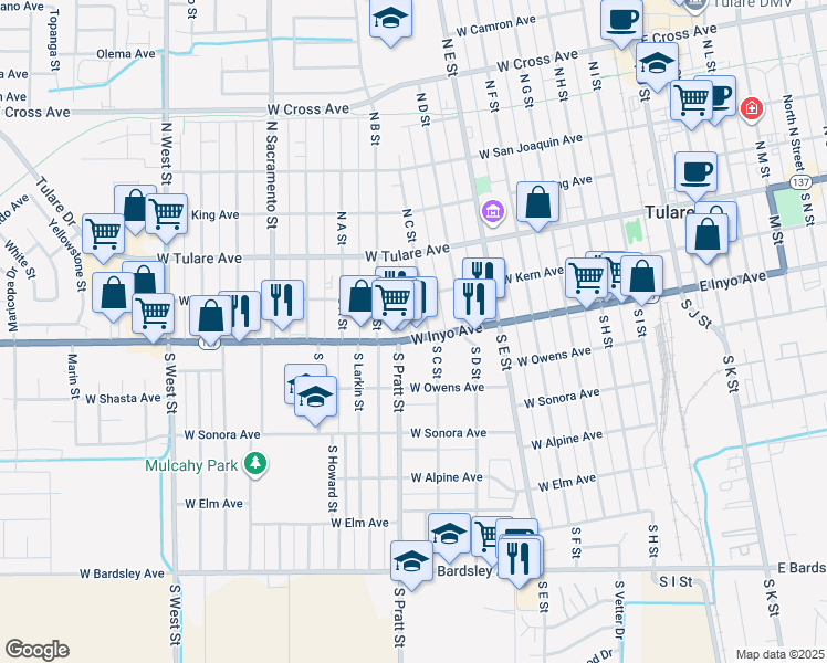 map of restaurants, bars, coffee shops, grocery stores, and more near 720 West Inyo Avenue in Tulare