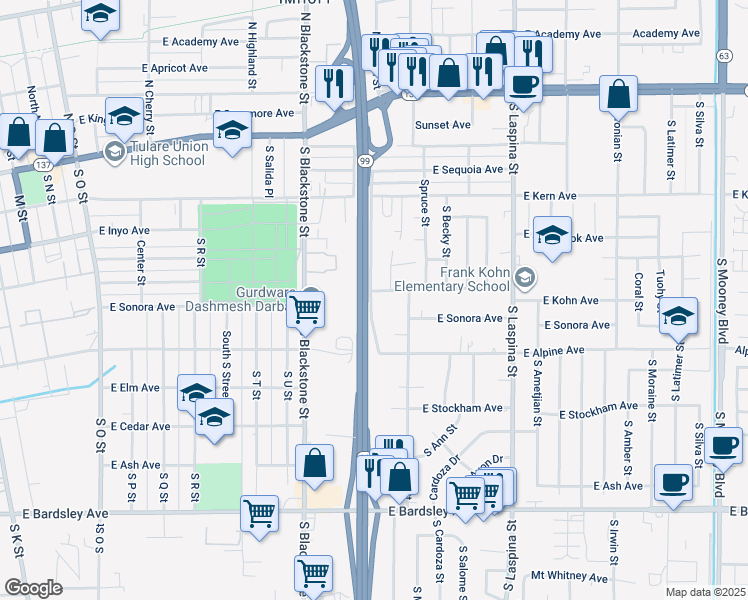 map of restaurants, bars, coffee shops, grocery stores, and more near 602 S Dayton St in Tulare