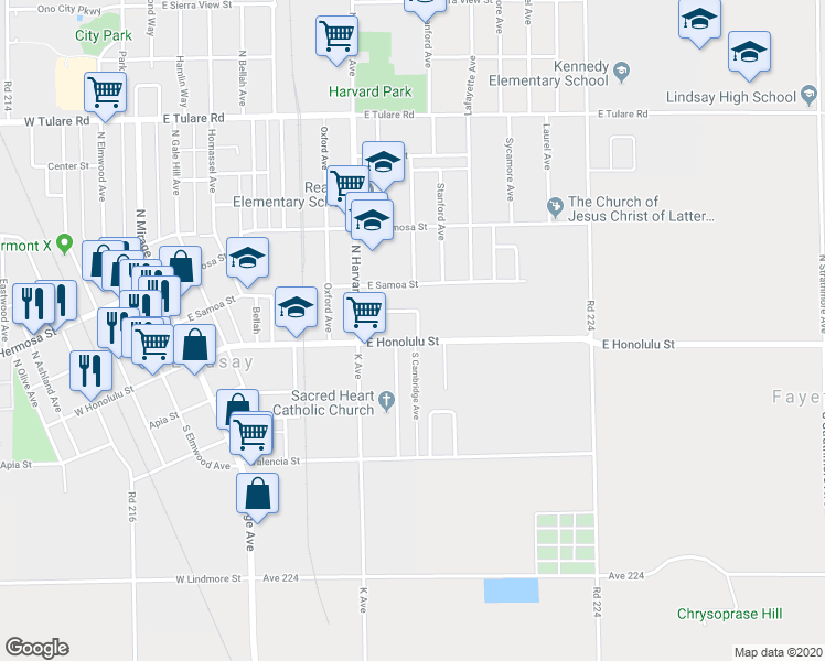 map of restaurants, bars, coffee shops, grocery stores, and more near 101 North Cambridge Avenue in Lindsay
