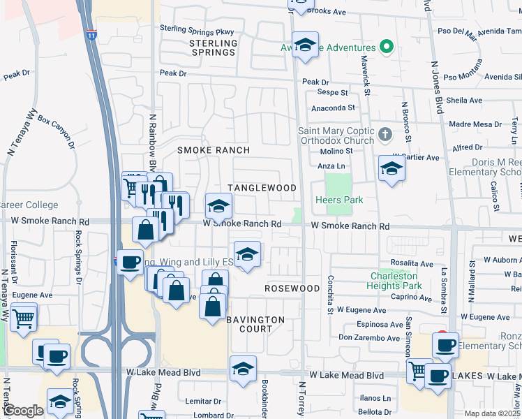 map of restaurants, bars, coffee shops, grocery stores, and more near 2413 Olivewood Street in Las Vegas