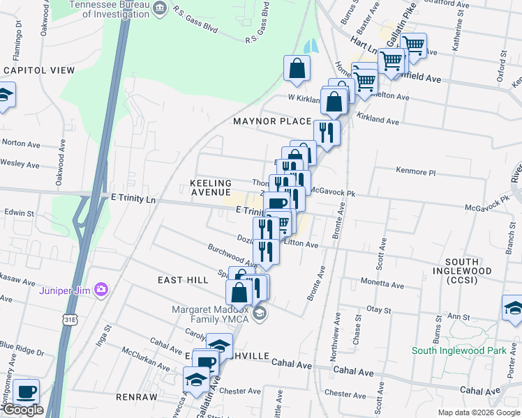 map of restaurants, bars, coffee shops, grocery stores, and more near 1069D East Trinity Lane in Nashville
