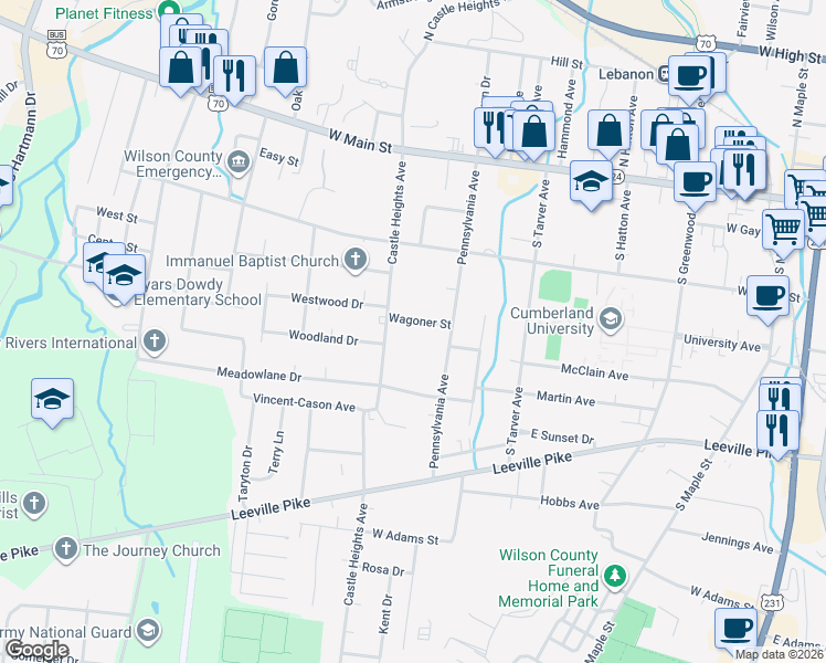 map of restaurants, bars, coffee shops, grocery stores, and more near 610 Wagoner Street in Lebanon