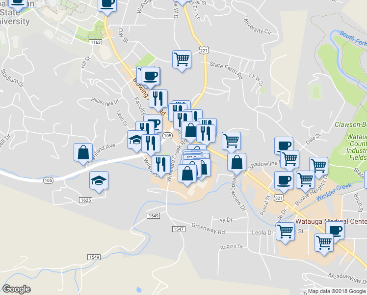 map of restaurants, bars, coffee shops, grocery stores, and more near 159 Winklers Creek Road in Boone