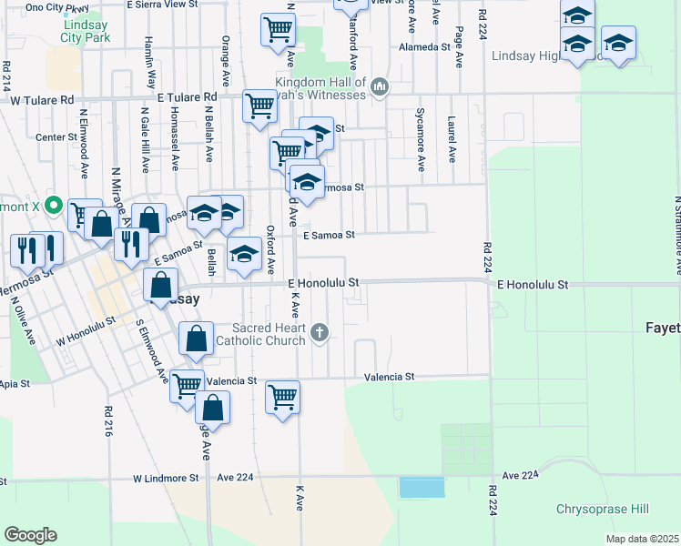 map of restaurants, bars, coffee shops, grocery stores, and more near 115 North Cambridge Avenue in Lindsay