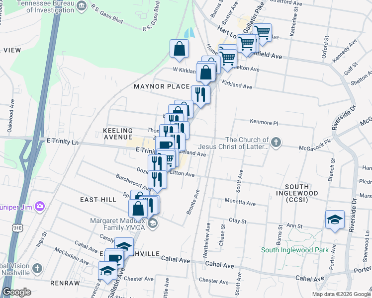 map of restaurants, bars, coffee shops, grocery stores, and more near 1109 Leland Avenue in Nashville