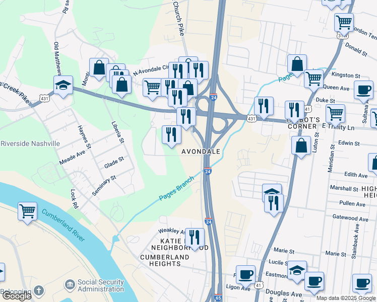map of restaurants, bars, coffee shops, grocery stores, and more near 1400 Brick Church Pike in Nashville