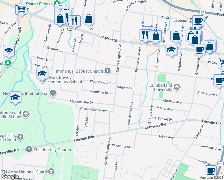 map of restaurants, bars, coffee shops, grocery stores, and more near 304 Castle Heights Avenue in Lebanon