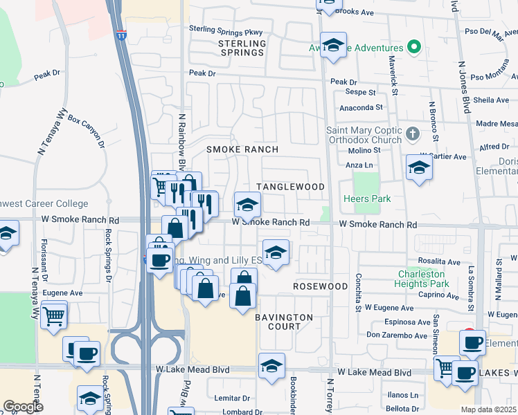 map of restaurants, bars, coffee shops, grocery stores, and more near 2412 Cherrywood Street in Las Vegas