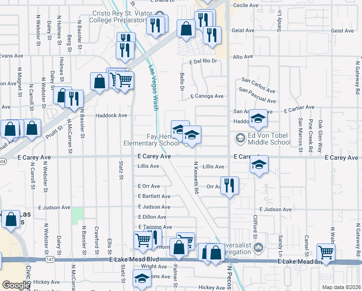 map of restaurants, bars, coffee shops, grocery stores, and more near 2421 North Kenneth Road in North Las Vegas