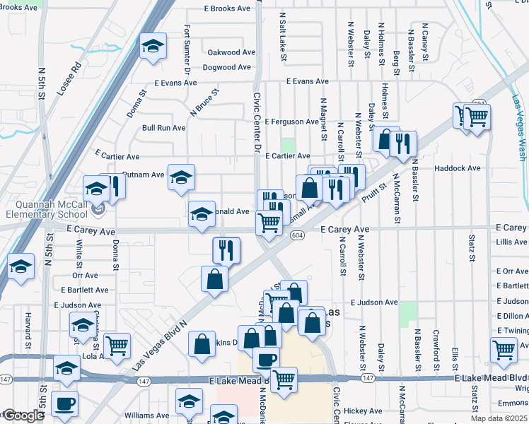 map of restaurants, bars, coffee shops, grocery stores, and more near 2421 North Saint George Street in North Las Vegas