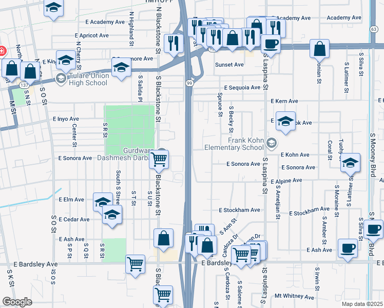map of restaurants, bars, coffee shops, grocery stores, and more near 602 South Dayton Street in Tulare