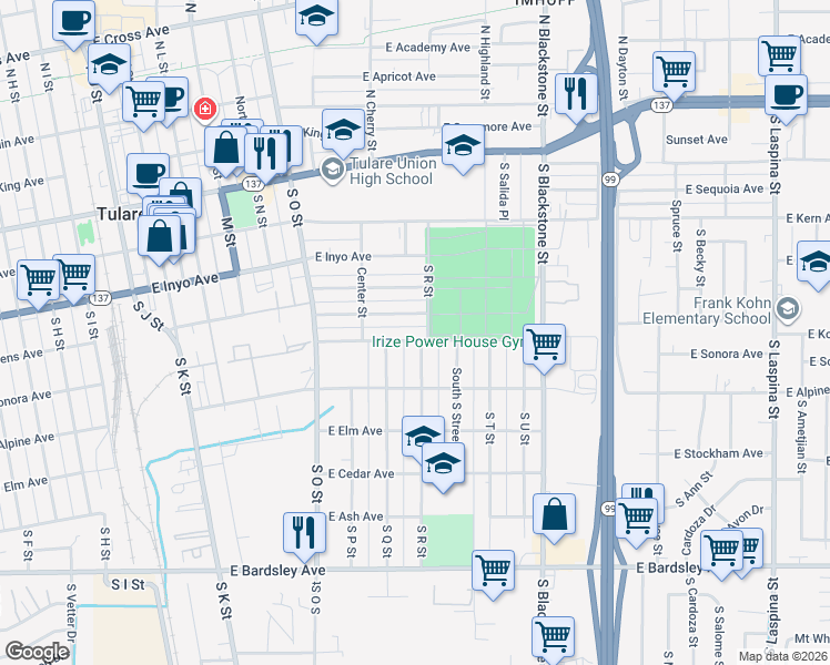 map of restaurants, bars, coffee shops, grocery stores, and more near 602 South R Street in Tulare