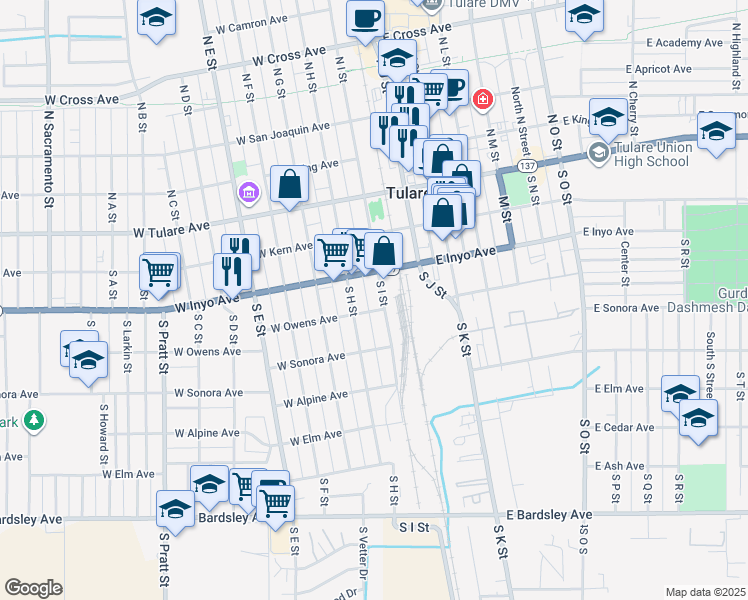 map of restaurants, bars, coffee shops, grocery stores, and more near 347 South I Street in Tulare