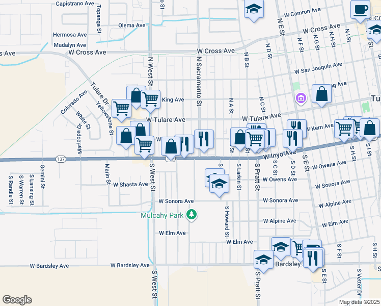 map of restaurants, bars, coffee shops, grocery stores, and more near 1140 West Inyo Avenue in Tulare