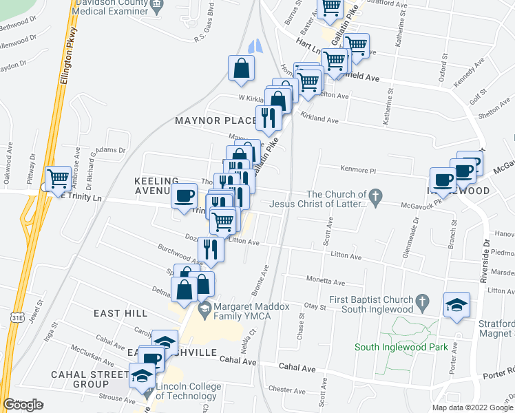 map of restaurants, bars, coffee shops, grocery stores, and more near 1109 Leland Avenue in Nashville