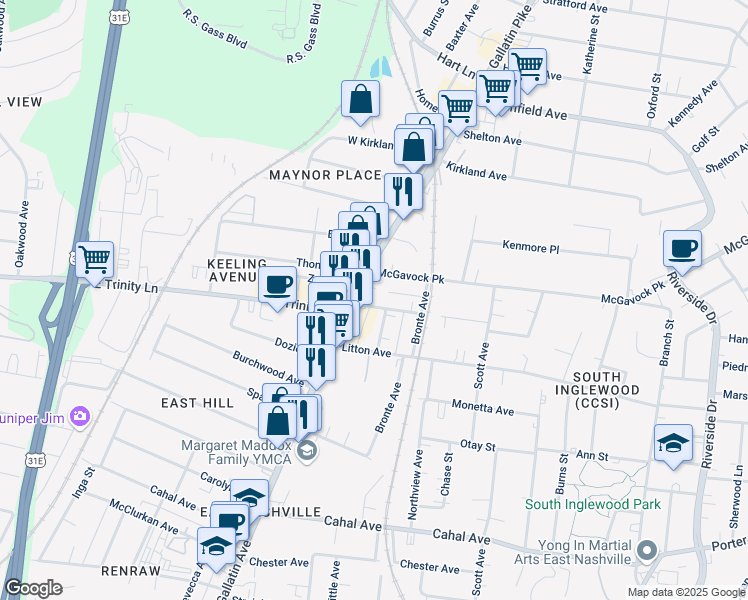 map of restaurants, bars, coffee shops, grocery stores, and more near 1109 Leland Avenue in Nashville