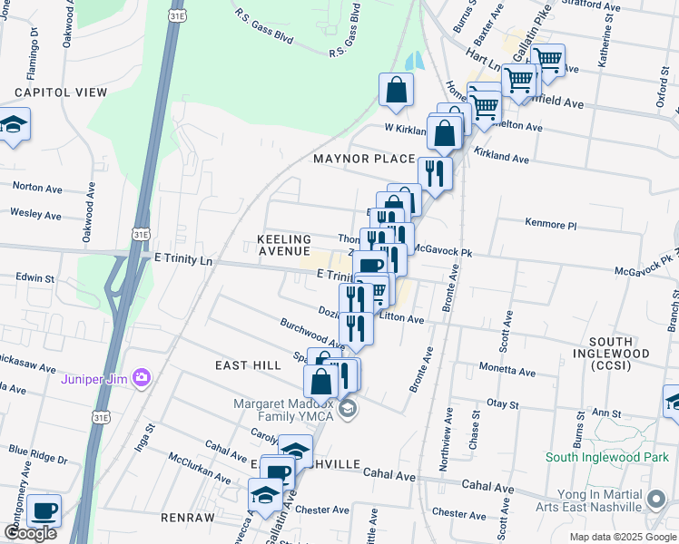 map of restaurants, bars, coffee shops, grocery stores, and more near 1069D East Trinity Lane in Nashville