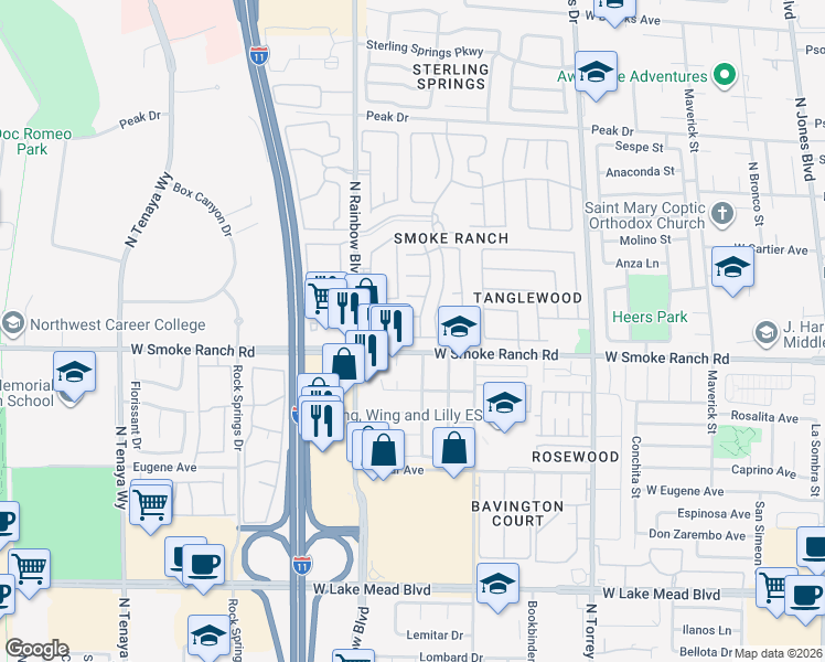 map of restaurants, bars, coffee shops, grocery stores, and more near 6656 Goldencreek Way in Las Vegas