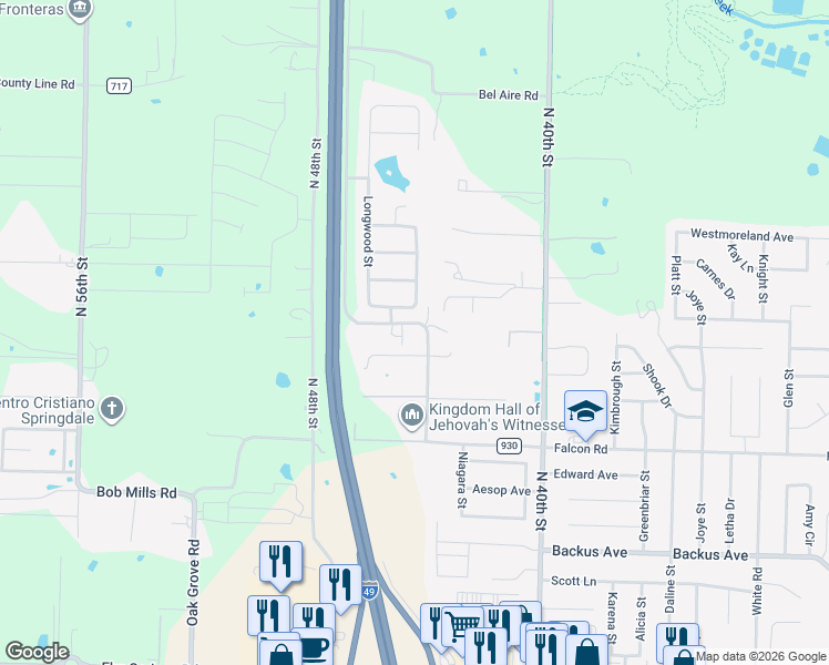 map of restaurants, bars, coffee shops, grocery stores, and more near 2038 Pine Woods Rd in Springdale