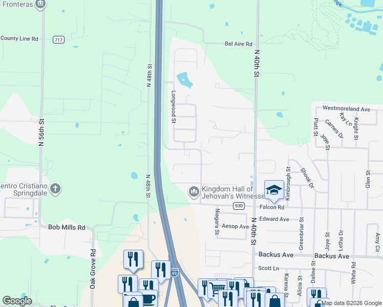 map of restaurants, bars, coffee shops, grocery stores, and more near 2038 Pine Woods Road in Springdale