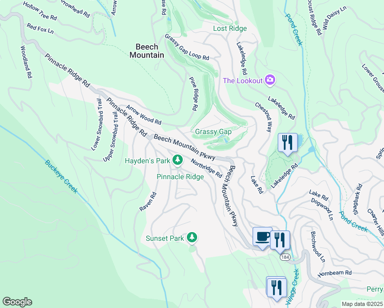 map of restaurants, bars, coffee shops, grocery stores, and more near 206 Northridge Road in Beech Mountain