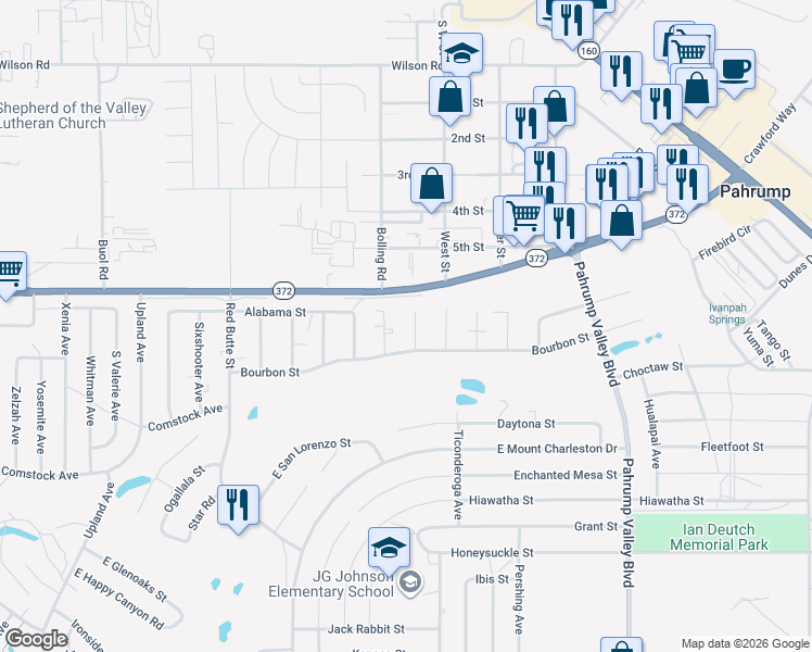 map of restaurants, bars, coffee shops, grocery stores, and more near 1060 South Leo Court in Pahrump