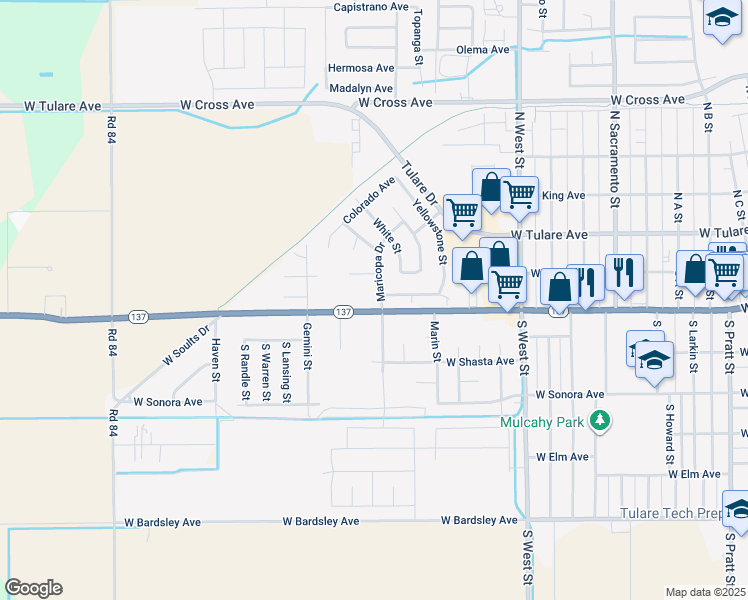 map of restaurants, bars, coffee shops, grocery stores, and more near 293 Maricopa Drive in Tulare