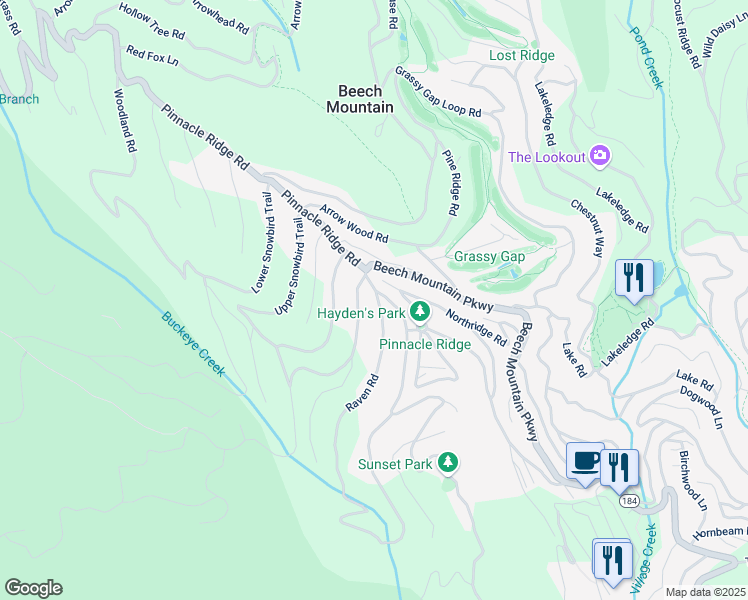 map of restaurants, bars, coffee shops, grocery stores, and more near 100 Raven Road in Beech Mountain