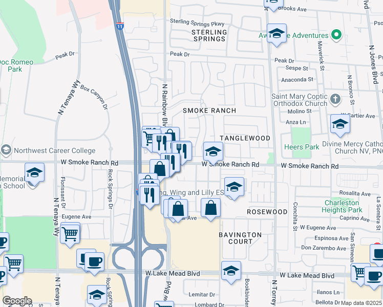 map of restaurants, bars, coffee shops, grocery stores, and more near 6656 Goldencreek Way in Las Vegas