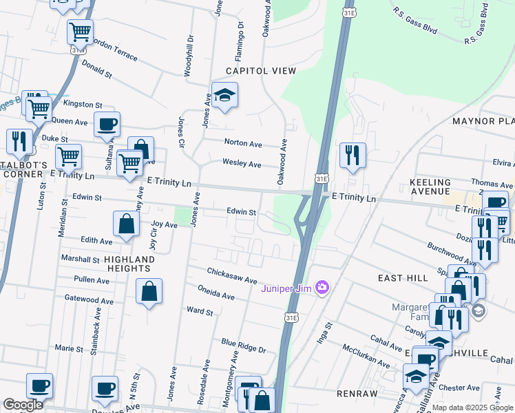 map of restaurants, bars, coffee shops, grocery stores, and more near 537 Edwin Street in Nashville