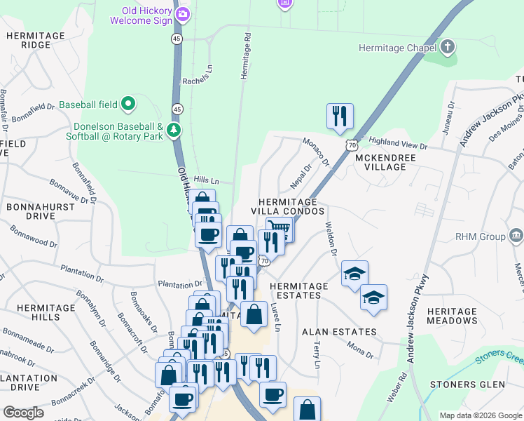 map of restaurants, bars, coffee shops, grocery stores, and more near 4200 Samoa Drive in Nashville