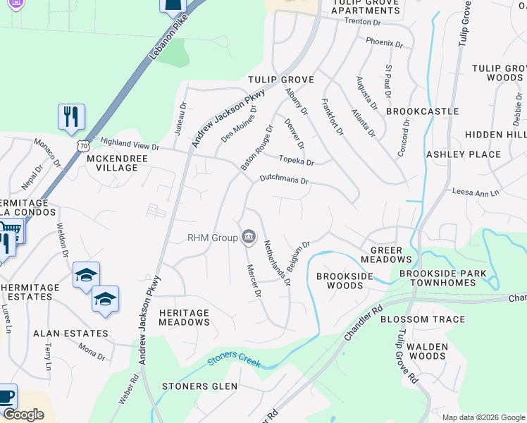 map of restaurants, bars, coffee shops, grocery stores, and more near 613 Netherlands Drive in Nashville