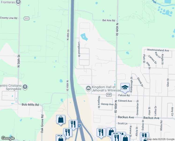 map of restaurants, bars, coffee shops, grocery stores, and more near 2038 Pine Woods Road in Springdale