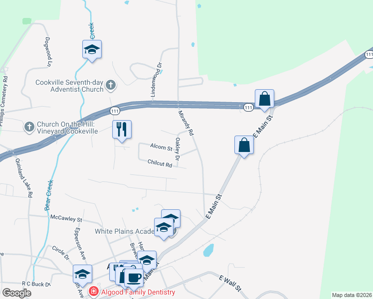 map of restaurants, bars, coffee shops, grocery stores, and more near 109 Apple Street in Cookeville