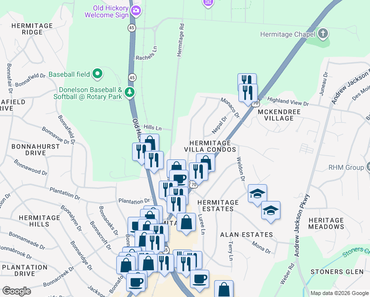 map of restaurants, bars, coffee shops, grocery stores, and more near 4200 Samoa Drive in Nashville