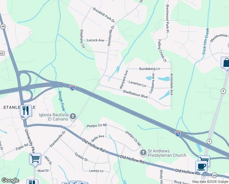 map of restaurants, bars, coffee shops, grocery stores, and more near 650 Shellhabour Boulevard in Rural Hall