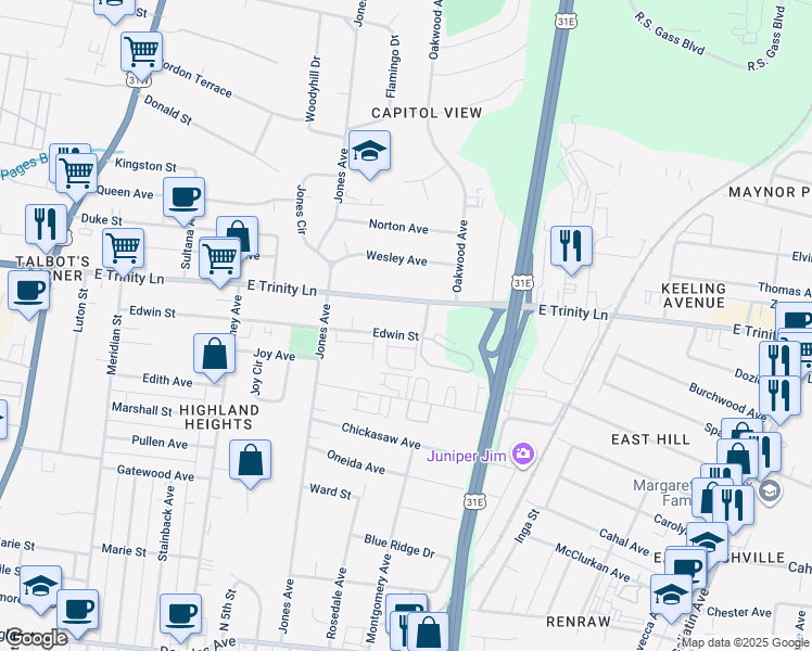 map of restaurants, bars, coffee shops, grocery stores, and more near 537 Edwin Street in Nashville