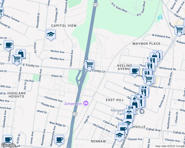 map of restaurants, bars, coffee shops, grocery stores, and more near 900 East Trinity Lane in Nashville