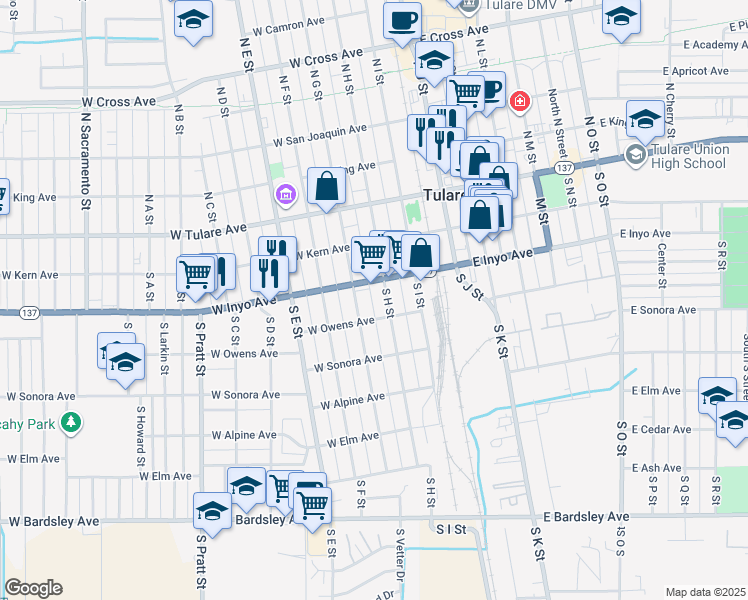 map of restaurants, bars, coffee shops, grocery stores, and more near 331 S H St in Tulare