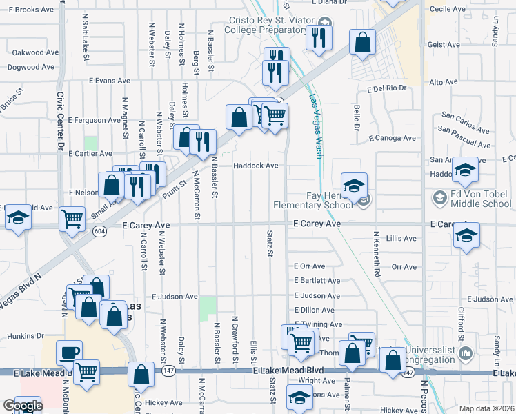 map of restaurants, bars, coffee shops, grocery stores, and more near 2420 Ellis Street in North Las Vegas