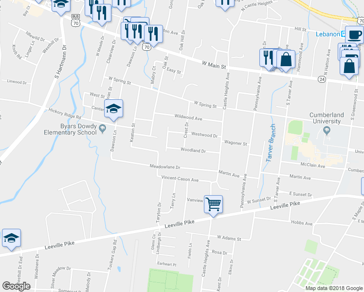 map of restaurants, bars, coffee shops, grocery stores, and more near 801 Woodland Drive in Lebanon