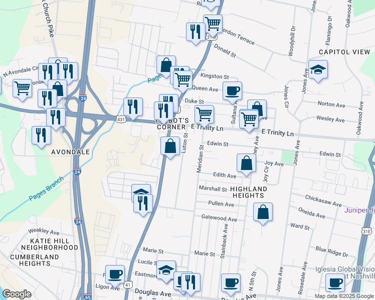 map of restaurants, bars, coffee shops, grocery stores, and more near 1713 Luton Street in Nashville